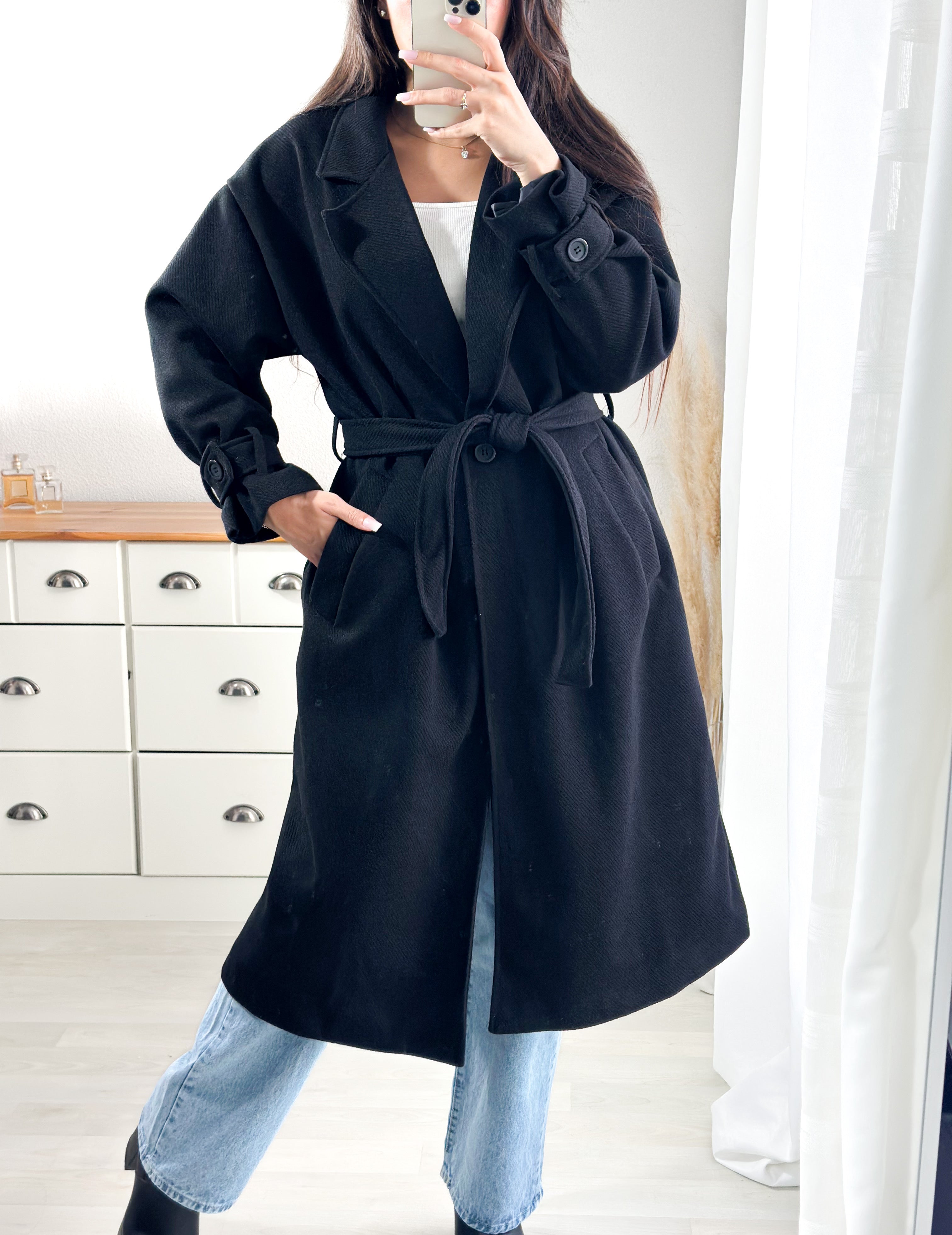 Manteau long ILHAM - chevronné noir